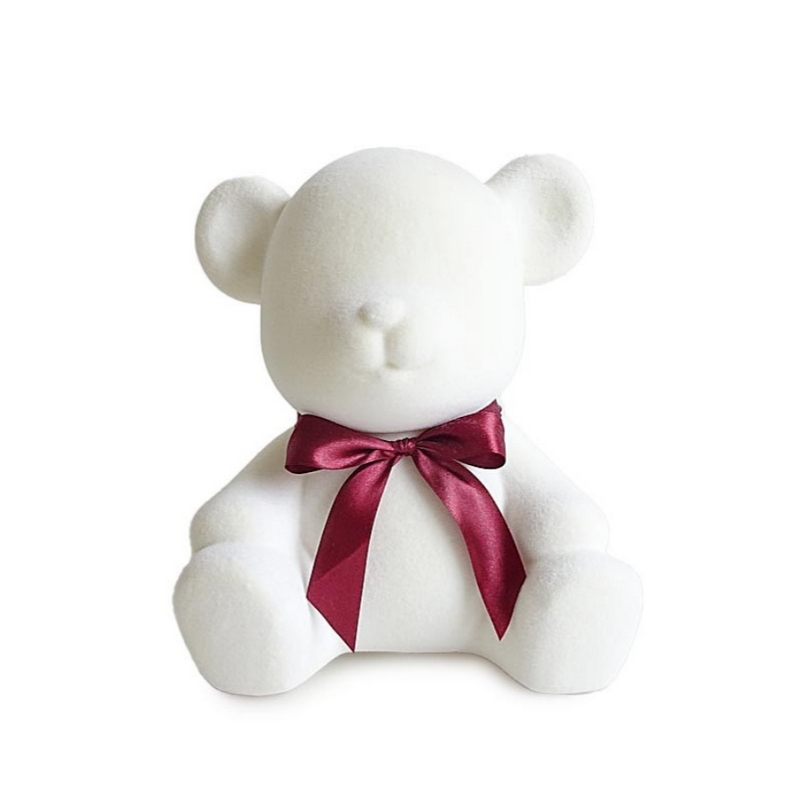 Orsetto decorativo floccato bianco con fiocco rosso